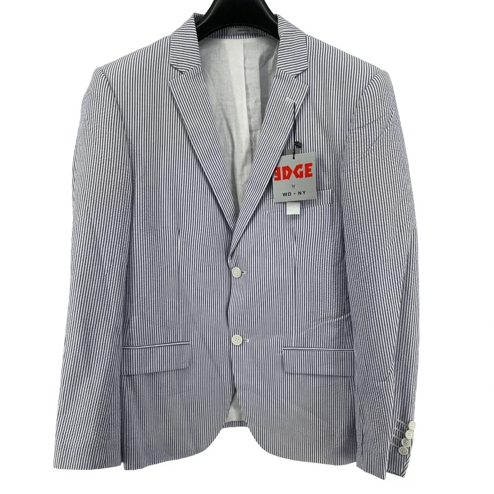 EDGE by WD NY Seersucker Blazer Sport Coat‎ Mens Large Blue White Slim Fit